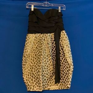 aryn K black and gold strapless dress